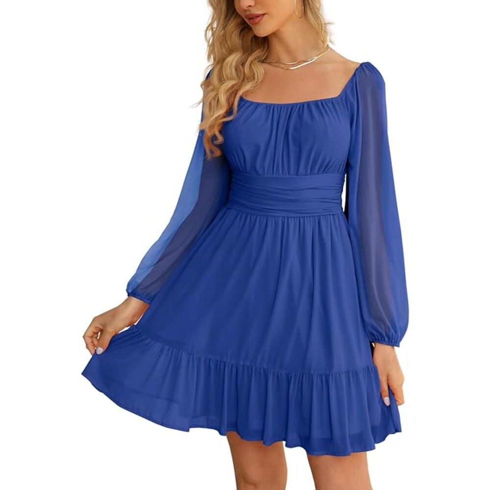 Mesh Long Sleeve Square Neck Dress, Small, 5F-194D003